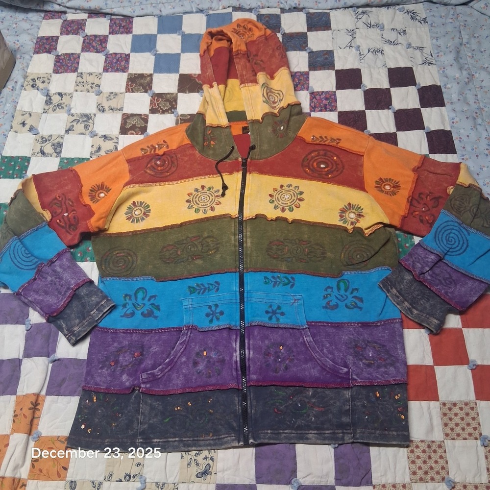 Rising International Full Zip Hoodie Boho Made in Nepal Size Large Striped